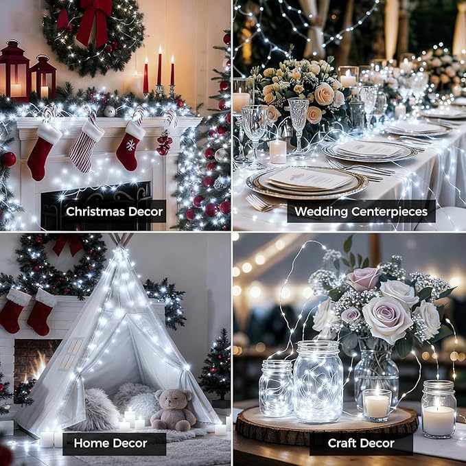 litogo 50 Pack 7FT 20 LED Fairy Lights Battery Operated, 3 Lighting Modes, Bulk Mini Twinkle String Lights Waterproof Silver Wire for Weddings Mason Jars Party Christmas Decorations-Cold White