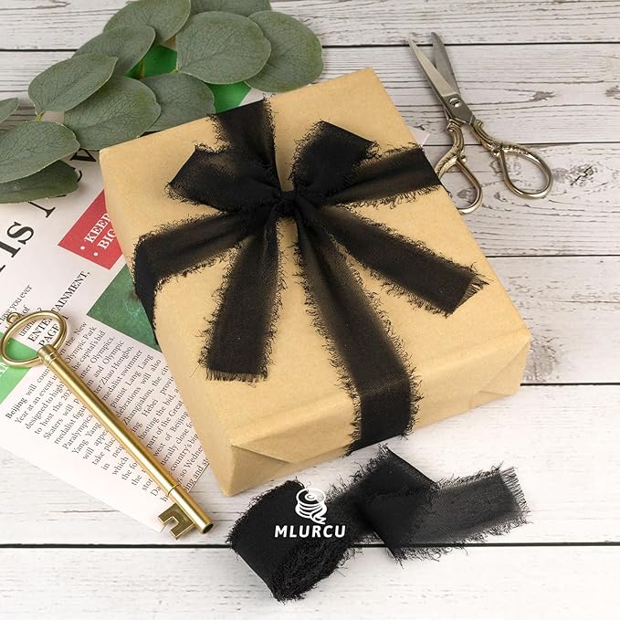 Black Chiffon Ribbon - 1 Inch x 21 Yards, Handmade Fringe, Silk, Boho Frayed, Wedding Invitation, Bridal Flower Bouquets, Floral Arrangement, Gift Wrapping