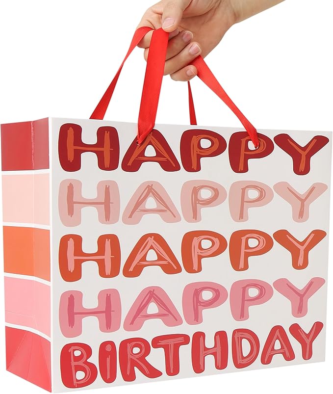 Qirrmiy 13'' Large Red Happy Birthday Gift Bag Set with Handles, Greeting Card, Tissue Papers and Stickers for Women Girls Kids Teens, Words Design, 1 Pcs