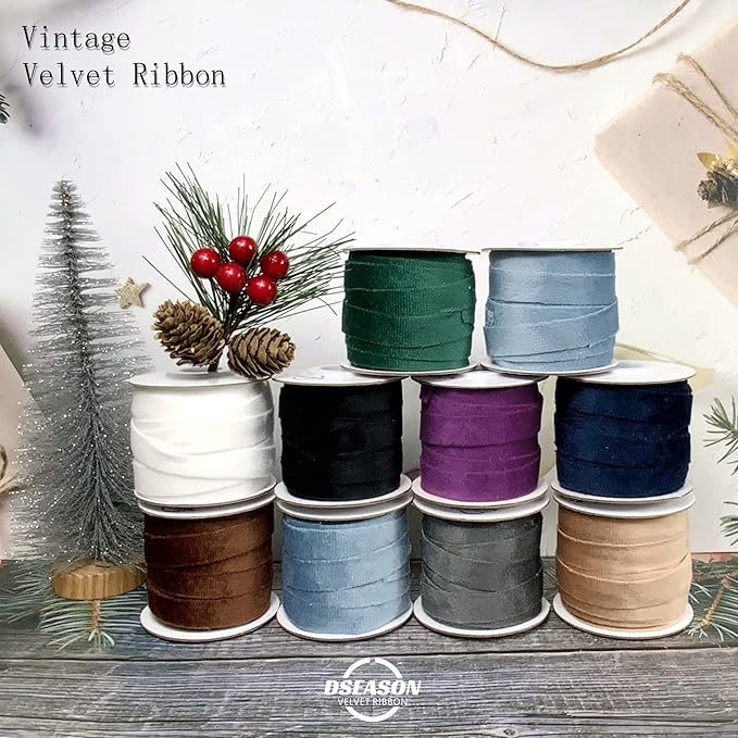 Velvet Ribbon Set 3/8" x 10 Yards, 2 Rolls 20 Yards, Dseason Handmade Purple Velvet Ribbon Set for Party Decor & Bow Making, Christmas Tree, Wreath Decoration, DIY Crafts Decoration