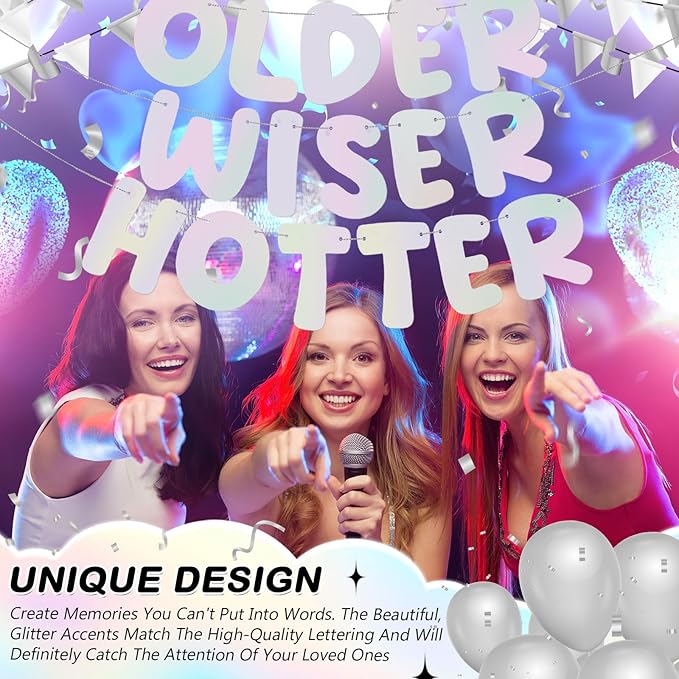 Fulmoon Set of 3 Pre Strung Older Wiser Hotter Glitter Banner Funny Birthday Banner for Women 30th 40th 50th 60th 70th 80th Birthday Party Decorations Sign Gift(Iridescent)