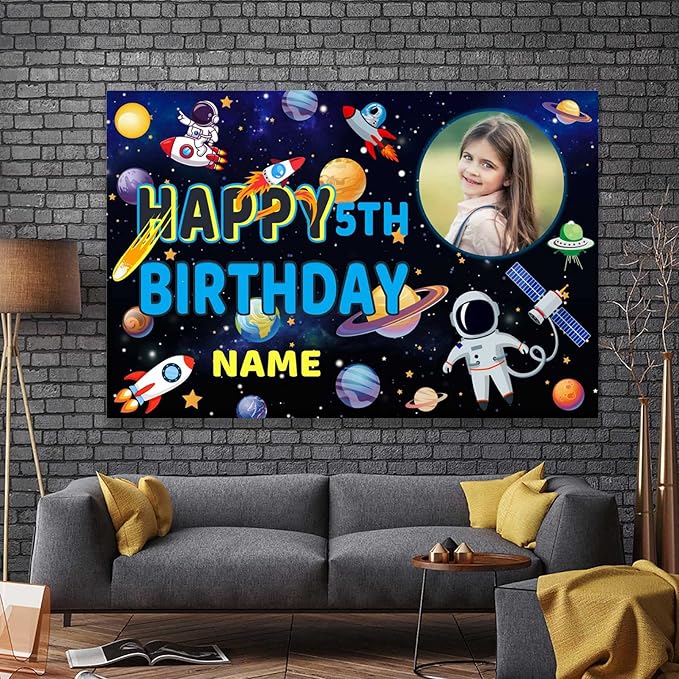 Custom Space Galaxy Astronaut Happy Birthday Party Decorations Supplies Personalized Outer Space Galaxy Astronaut Planet Birthday Backdrop Banner(6x9ft)