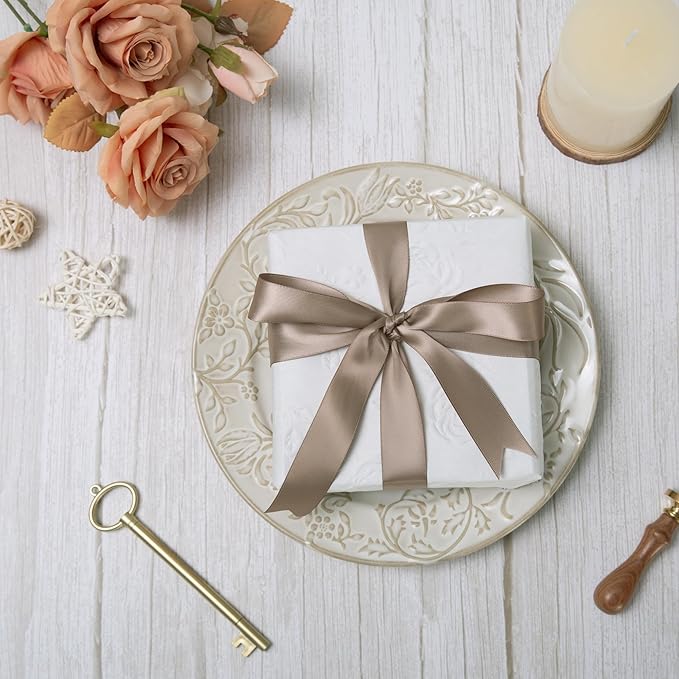 QIANF Champagne Double Face Satin Ribbon 1 Inch x 45 Yards Ivory Fabric Ribbon for Gift Wrapping, Flower Bouquets, Hair Bows Making, Wedding Decoration, Invitation Cards, Christmas (3 Rolls *15Yd)