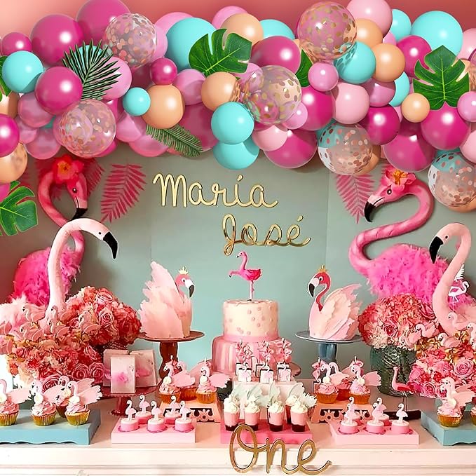 124Pcs Tropical Flamingo Balloon Arch Garland Kit 40" Flamingo Balloons Hot Pink Confetti Balloons Tropical Palm Leaves 4 Tools Hawaiian Luau Birthday Wedding Baby Shower Party Decorations Supplies