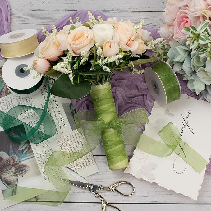 Sheer Organza Ribbon - Cream & Emerald Green, 1 Inch x 75 Yds - Clear Tulle for Gift Wrapping, Wedding, Christmas, Flowers & Crafts