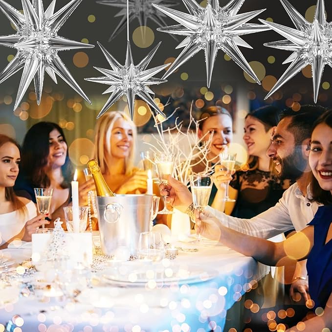 TONIFUL 4 Pcs 22inch 4D Huge Silver Star Balloons Explosion Star Mylar Foil Balloons for Party Supplies Backdrop Christmas,New Year,Birthday, Wedding,Photo Booth Ornament