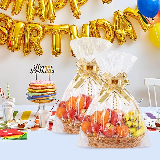 10 Pcs Large Cellophane Bags for Gift Baskets 24x30 Inches Plastic Clear Basket Bags, Cellophane Wrap for Gift Baskets With 10 Gold Ribbons for Cookie Candy Goodie
