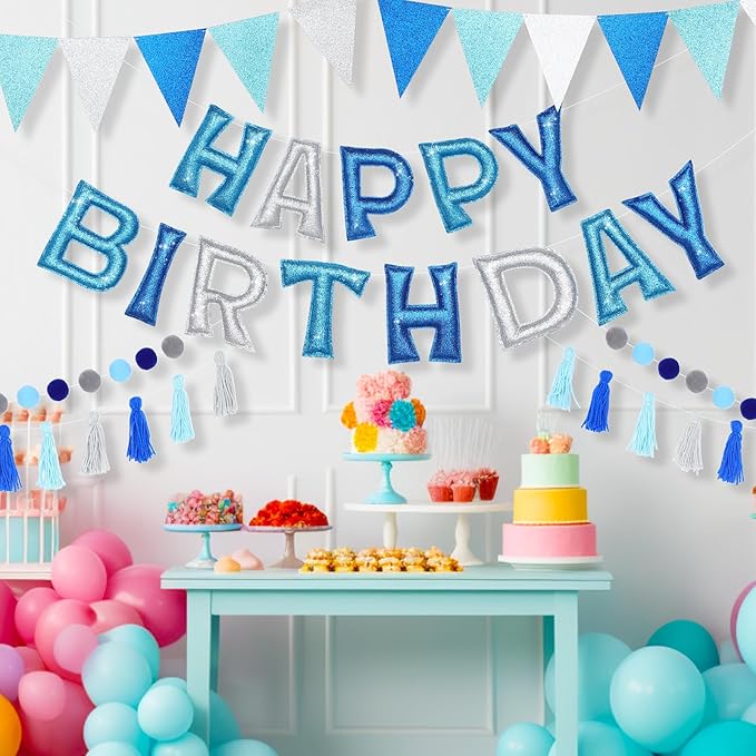 Mindsoft 5 Pcs Pre-Strung Blue and Silver Happy Birthday Banner Set, Felt Glitter Happy Birthday Garland with Ball Garland, Pennant Flags and Tassels, Birthdays Party Decorations for Kids and Adults