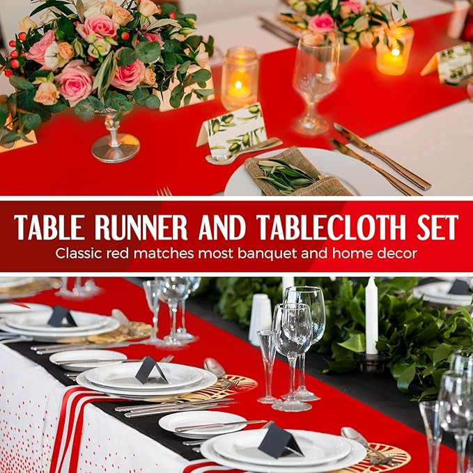 Breling 24 Pack White and Red Disposable Plastic Tablecloths and Satin Table Runner Set, 54 x 108 Inch Tablecloth, 12 x 108 Inch Table Runners for Wedding Graduation Birthday Baby Shower