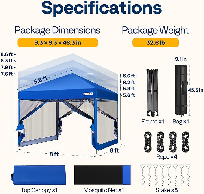 VIVOHOME 8x8ft Easy Pop-Up Canopy, Outdoor Screen Tent with Mosquito Netting, 2 Zipper Doors, and Roller Bag for Yard Camping Picnic Party Events, Blue