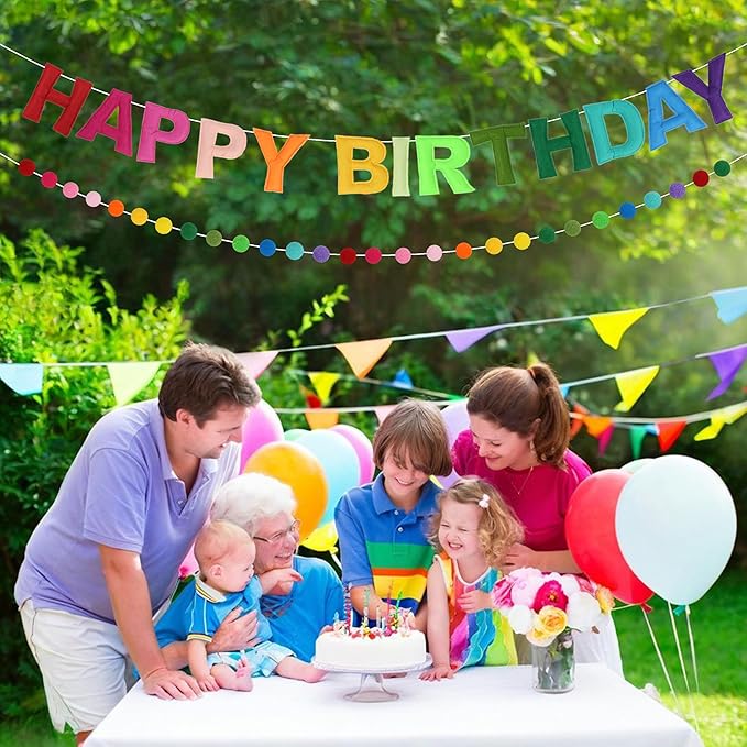 2 PCS Pre-Strung 3D Felt Happy Birthday Banner - Reusable Rainbow Happy Birthday Decorations Sign, Felt Ball Garland, Pom Pom Garland, Party Decor, Photo Prop (RAINBOW)