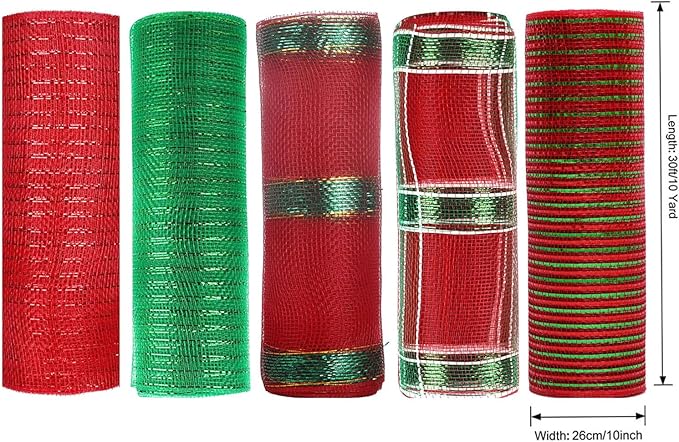 5 Rolls Christmas Mesh Ribbon for Wreath, 10 Inch x 30FT Per Roll Metallic Foil Deco Mesh Rolls Red Green Stripe Decorative Mesh for Christmas Tree Winter Holiday Wreath Party Decor
