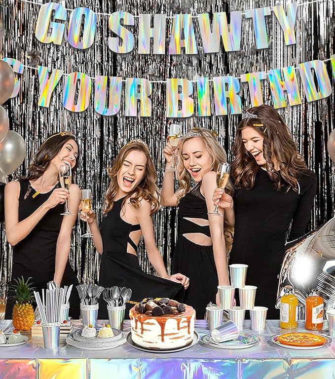 Iridescent Go Shawty It’s Your Birthday Pre-Strung Hip Hop Theme Banner — Funny Holographic Birthday Party Decoration for Women & Men Milestone Ages (12th,19th,20th,21st,30th,40th)