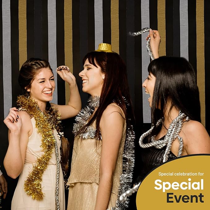 6 Black and Gold Streamers with Silver, 492ft Pack of Crepe Paper Streamers for Party Decorations, Birthday Streamers (1.8 inch x 82 ft/Roll)