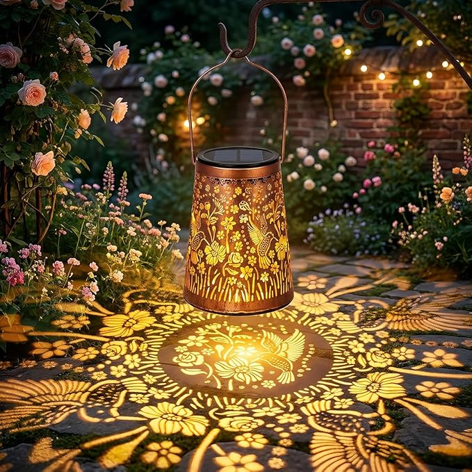 LeiDrail Hummingbird Solar Lanterns Outdoor 2 Pack, Hanging Waterproof Vintage Metal Lantern, Auto On/Off Garden Patio Yard Porch Pathway Decor, Warm White LED, Gifts for Women Mom Grandma