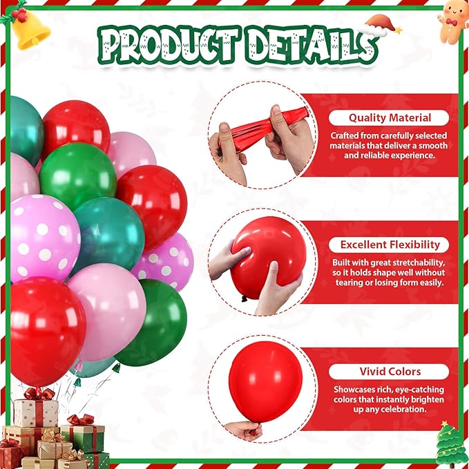Red Pink Green Balloons with Pink Polka Dots Print Balloon, Pearl Turquoise Blue Dark Green Xmas Party Balloon for Birthday Carnival New Year Holiday Christmas Party Decorations