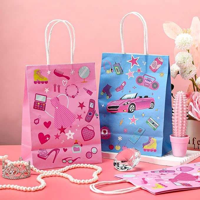 Dansydaisy 24 Pcs Hot Pink Goodie Bags Princess Gift Princess Party Favor Cute Candy Treat Bags with Handles for Birthday Party Favor Supplies Decorations