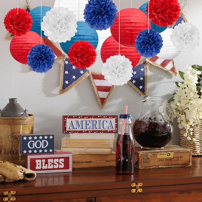18 PCS Red White Blue Paper Lanterns & Tissue Paper Pom Poms for July 4th Independence Day, Memorial Day, Baseball Party, Patriotic Veteran Celebration Theme Party Decoration Set Supplies