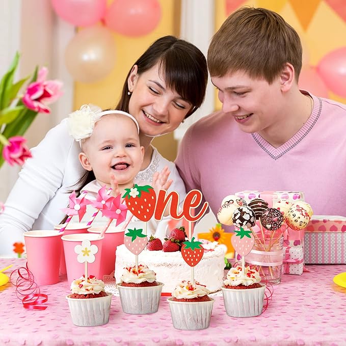 first Birthday Cupcake Topper - 5 Pcs Cute Daisy Strawberry Shortcake Wooden ONE Cake Topper Kids' One Year Old Berry first Happy Birthday Party Cake Dessert Decorations Supplies Baby Shower