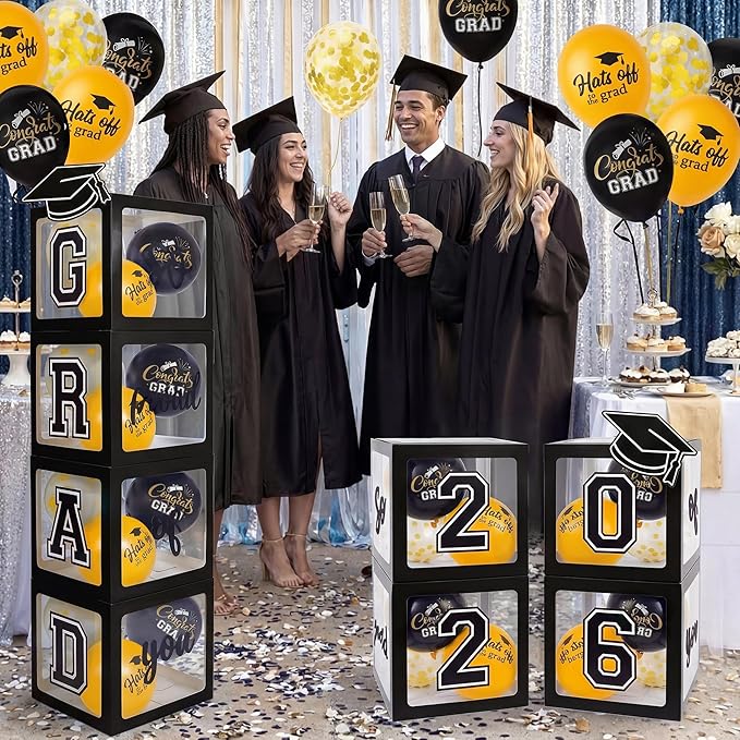 2026 Graduation Decorations 4 Grad Balloon Boxes with Letters 2026 Grad & So Proud of You and 18pcs Balloons Graduation Party Decorations (Black)