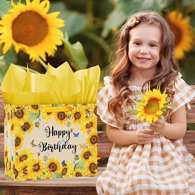 Sunflower Birthday Gift Bag for Girls Women Yellow Sunflower Paper Bag with Tissue Paper and Card Sun flower Birthday Wrapping Paper Bag for Bday Christmas Wedding Baby Bridal Shower Decorations