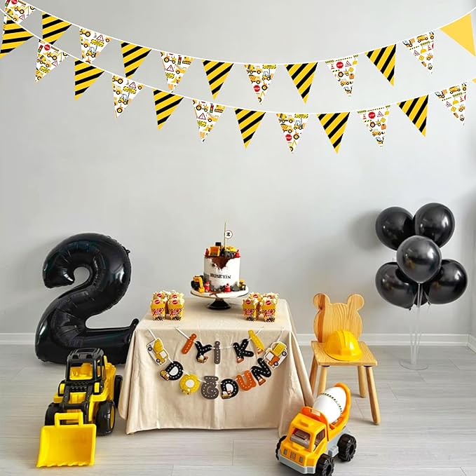 32Ft Construction Party Decorations Yellow Black Construction Themed Fabric Banner Triangle Pennant Flag Garland Streamers for Kids Dump Truck Birthday Excavator Tractor Baby Shower Decor Supplies