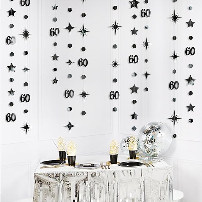 Black 60th Birthday Decorations Number 60 Circle Dot Star Garland Hanging Streamer Bunting Banner Backdrop for Mens Cheers to 60 Years Old Happy 60th Birthday 60th Anniversary Sixty Party Supplies