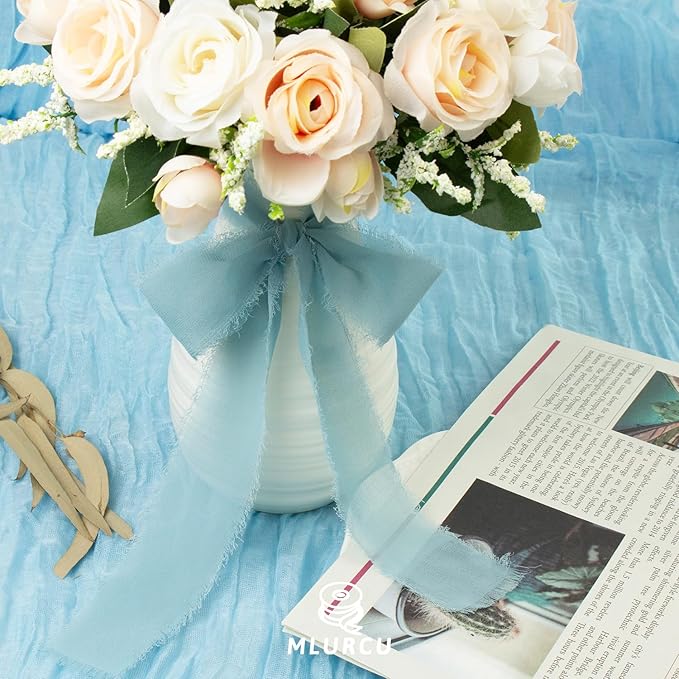 Haze Blue Chiffon Ribbon - 1-1/2 Inch x 21 Yards Handmade Fringe Silk Ribbon for Gift Wrapping, Wedding Invitations, Bridal Flower Bouquets