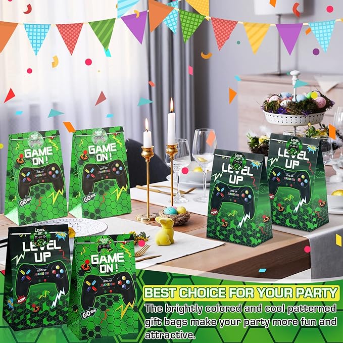 Geosar 30 Pack Video Game Party Favor Paper Bags Game on Goodie Candy Gift Bags with 30 Stickers Level up Reusable Goodie Treat Snacks Supplies for Boys Kids Gaming Birthday Party(Green)