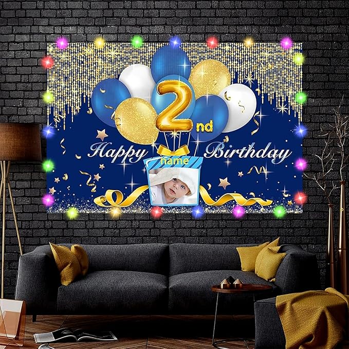 Dicodes Custom Navy Blue and Silver Theme Birthday Banner for Party Happy Birthday Backdrop Decoration Personalized with Name and Photo