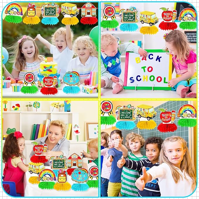 JULMELON Back To School Decorations Honeycomb Centerpiece, 8 PCS Welcome Back To School Supplies for Classroom First Day of School Table Toppers Decor for Kids and Teacher Party Favors