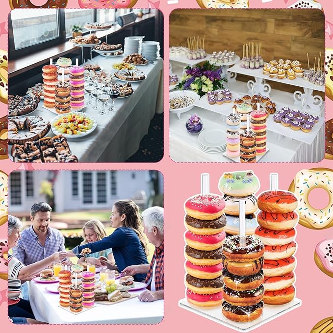 2 Pack Acrylic Donut Stand with Lazy Susan Turntable Tower Stand, Includes 2 Rotating Bases and 8 Support Rods, Perfect for Dessert Tables, Birthday, Wedding, Baby Shower, Party (2 Pack)