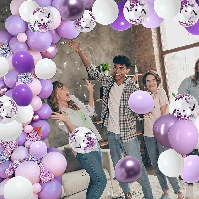 RUBFAC Purple Balloons, Lavender Purple Metallic and Confetti Party Balloons 65pcs 12 Inch for Mother's Day, Baby Shower, Girls Birthday, Wedding, Anniversary Party Decorations