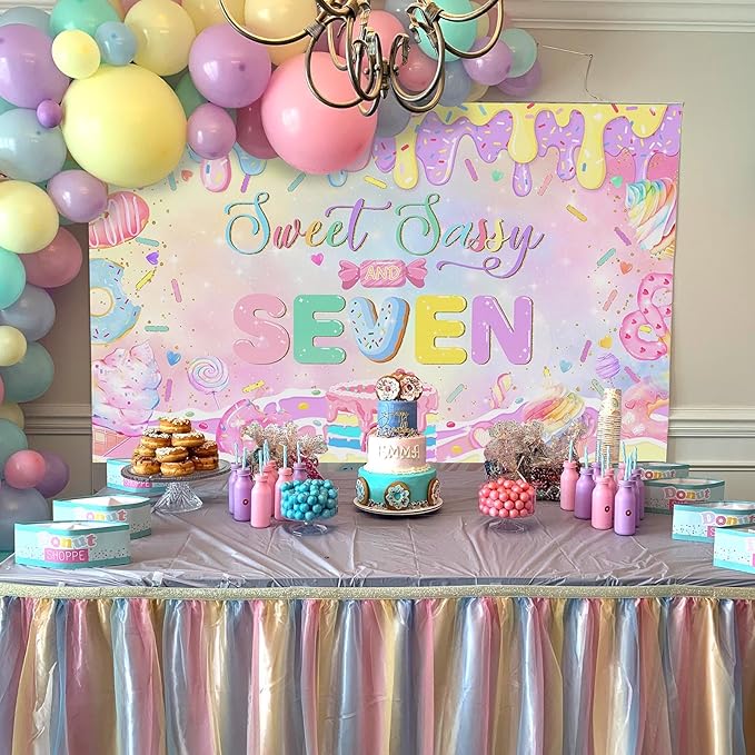 Mocsicka Donut 7th Birthday Banner Backdrop Sweet Sassy and Seven Birthday Party Decorations Banner for Girls Seven Birthday Party Banner for Phogography (Pink, 70.8x43.3 inch)