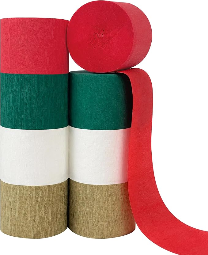 8 Rolls Christmas Crepe Paper Streamers Red Green Gold and White Streamers for Christmas Party Decorations Birthday Baby Shower Gender Reveal Wedding Graduation Party Decorations DIY Crafts