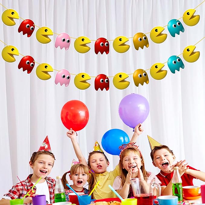 Pacmn Ghost Garland Decoration – Retro Arcade Video Game Themed Birthday Party Supplies – Colorful Ghost Hanging Banner for Adults – Classic 80s Gaming Party Décor for Boys and Girls
