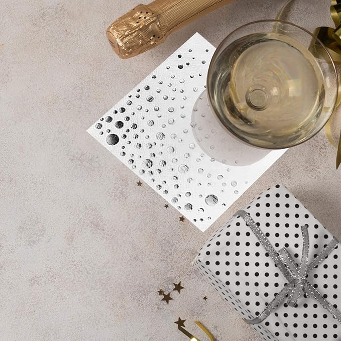 Stylish Silver Cocktail Napkins, 100 3 Ply White and Silver Napkins for Wedding Reception, 5x5 Inch Wedding Cocktail Napkins, Paper Cocktail Napkins for Party, Bridal Shower Napkins or Party Napkins