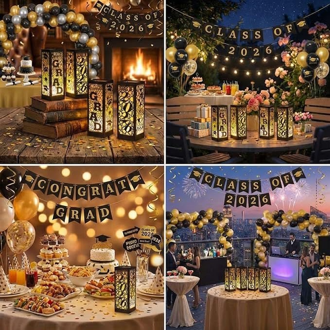 Rossesay 6 Pcs Graduation Table Centerpieces Boxes Class of 2026 Graduation Lanterns for Centerpieces with LED Candles Congrats Grad School College Photo Props for Party Table Decoration (Black)