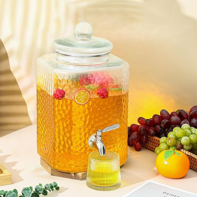 1 Pack 2.5 Gallon Glass Water Drink Dispenser for Party, Hammered Glass Beverage Dispenser, Water Jug Container with Stainless Steel Spigot for Parties, Weddings, Catering, Lemonade, Iced Tea