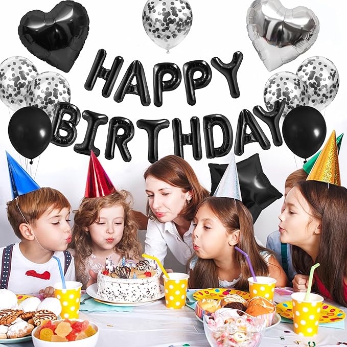 CANREVEL Happy Birthday Balloons Banner 16 Inch Mylar Foil Letters with Star & Heart Balloons Birthday Party Decorations for Men and Women - 30 Pcs Black