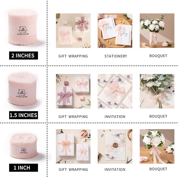 DORIS HOME Pink Chiffon Ribbon for Flower Bouquet, 1" x21Yd Fabric Ribbon for Gift Wrapping, Handmade Frayed Ribbon for Wedding Invitations/Christmas Decorations