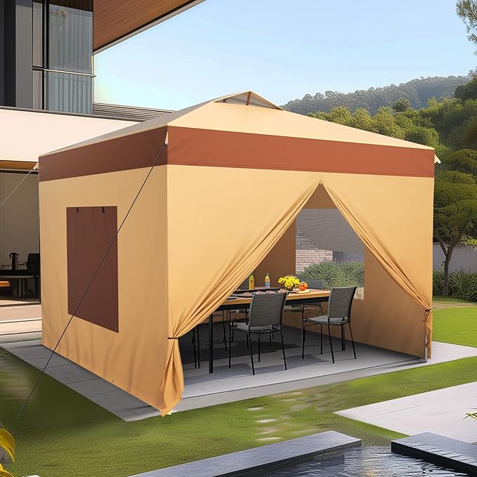 Sophia & William Canopy Tent Pop Up 10x10 ft One Person Push Set Up Canopies with 4 Sidewalls, Outdoor Shelter Heavy Duty Straight Legs with 4 Sandbags & 1 Roller Bag, 8 Stakes & 4 Guy Ropes, UPF50+