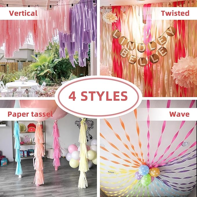 PIGETALE 6 Pastel Streamers, 197ft Pack of Rainbow Colorful Crepe Paper Streamers for Birthday Wedding Bachelorette Bridal Shower Unicorn Easter Spring Theme Party Hanging Backdrop DIY Crafts Supplies