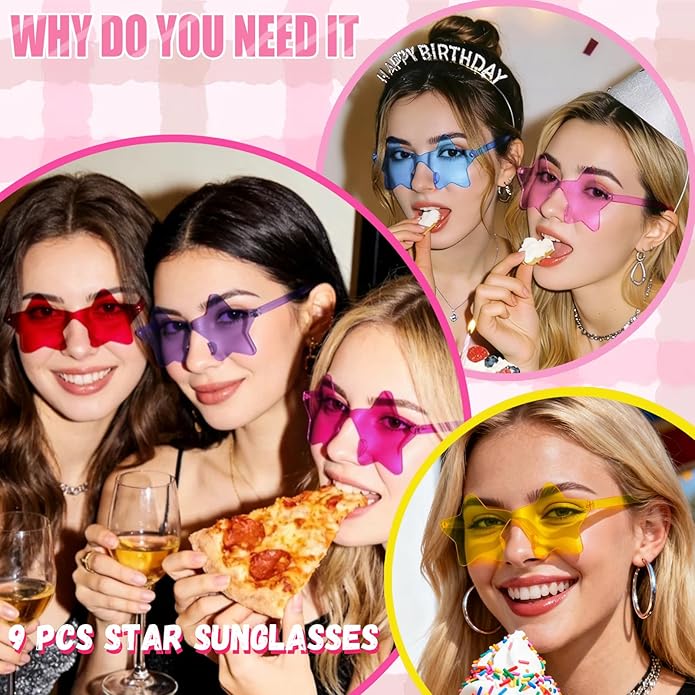 9 Pack Star Sunglasses, Colorful Rimless Star Shaped Glasses, Unisex Party Favors Supplies for Beach, Pool, Outdoors