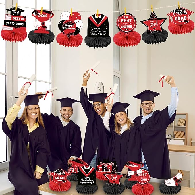 Honoson 12 Pcs 2026 Graduation Party Decorations Class of 2026 Congrats Grad Table Centerpieces Congratulate Graduation Honeycomb Table Toppers for Grad Party Favor Supplies(Red, Black)
