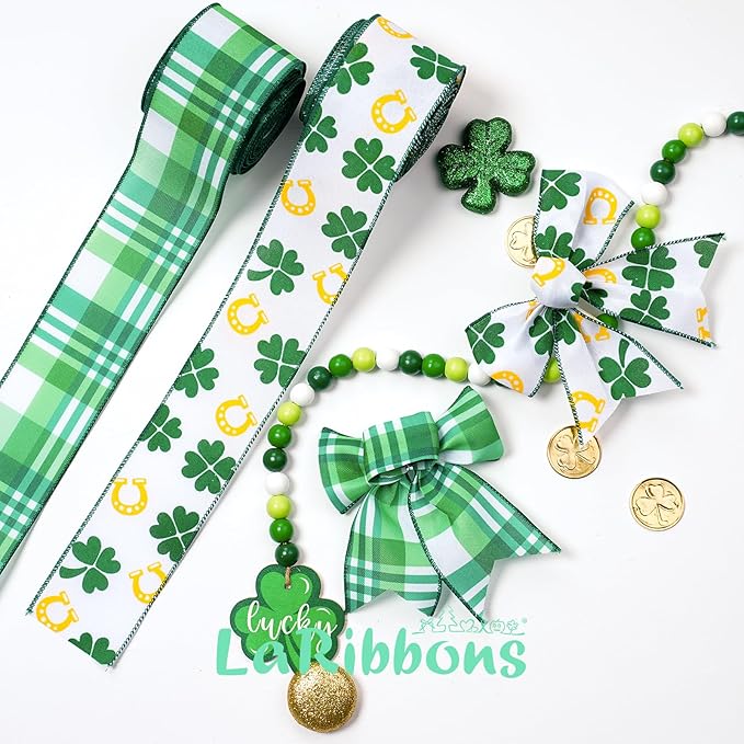 LaRibbons St Patricks Day Ribbon Wired 2 Rolls 2.5 Inch x 20 Yards Tt, Glitter Shamrock Green and White Plaid Ribbon for Crafts Supplies Wreath Bow Making DIY