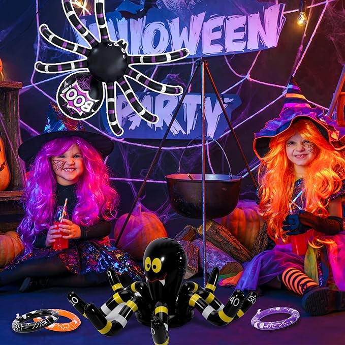 Max Fun Halloween Ring Toss Games for Kids, 2 Pack Inflatable Spiders Set Halloween Party Favor Supplies Holiday Carnival School Decoration Outdoor Indoor Spooky Creepy Game