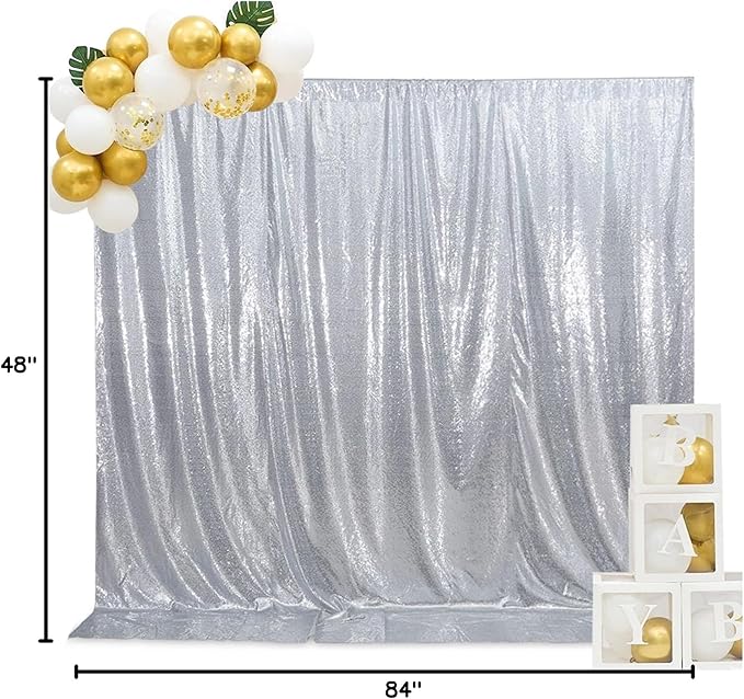 SquarePie 4x7ft Silver Sequin Backdrop for Photography, Satin-Backed Real Sequin Curtain, Enhanced Coverage Shimmering Background with 4" Rod Pocket for Wedding, Birthday, Party Decor, 1 Panel
