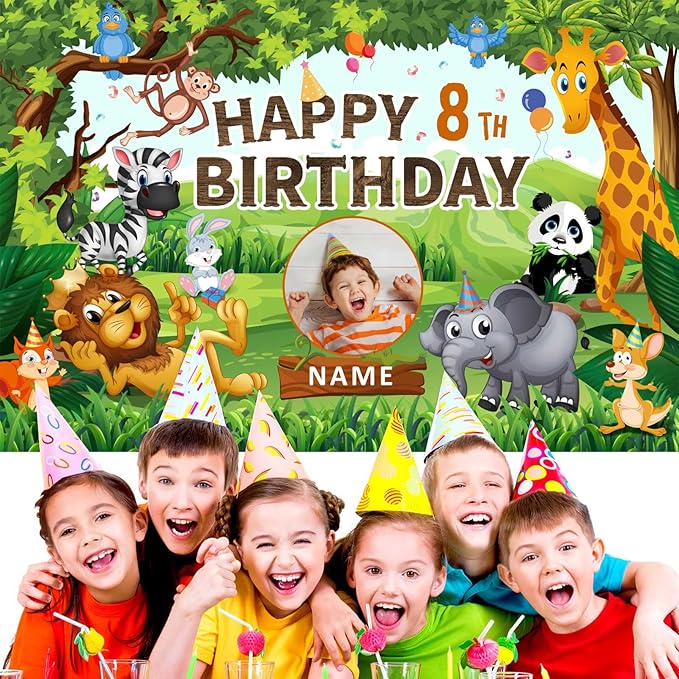 Custom Lion Elephant Zebra Birthday Decorations Supplies,Personalization Giant Panda Fox Rabbit Monkey Theme Birthday Decorations,Jungle Safari Party Decorations Happy Birthday Banner Background