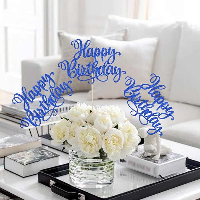 12 PCS Happy Birthday Centerpiece Sticks Double Sided Glitter Happy Birthday Table Flower Centerpieces Decorations for Celebrating Anniversary Theme Party Centerpieces Supplies Dark Blue